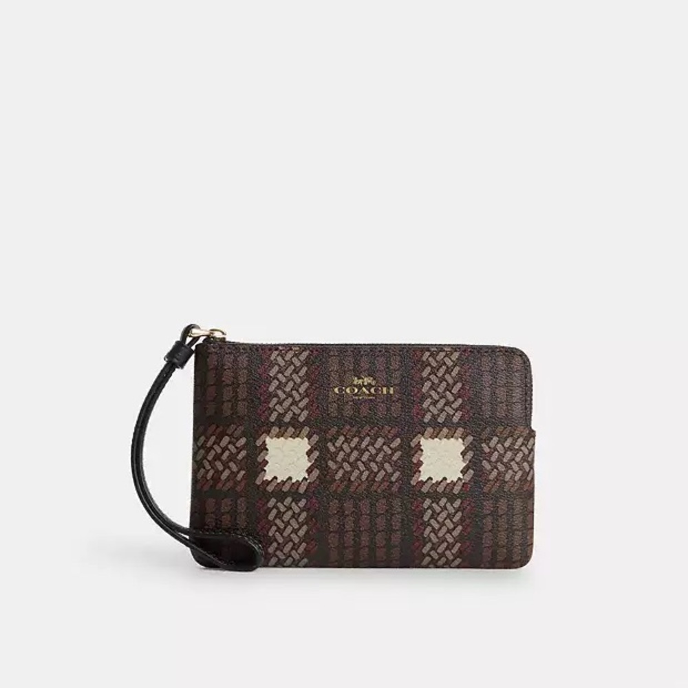 Coach Corner Zip Wristlet with Brushed Plaid Print
